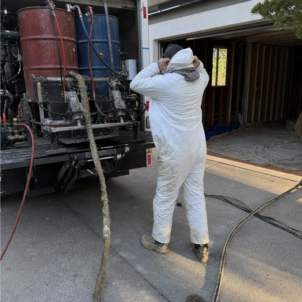 Professional applying spray foam insulation between wall studs